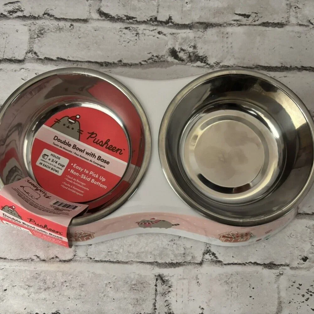 Pusheen Pet Double Bowl With Base Melamine And Metal NWT